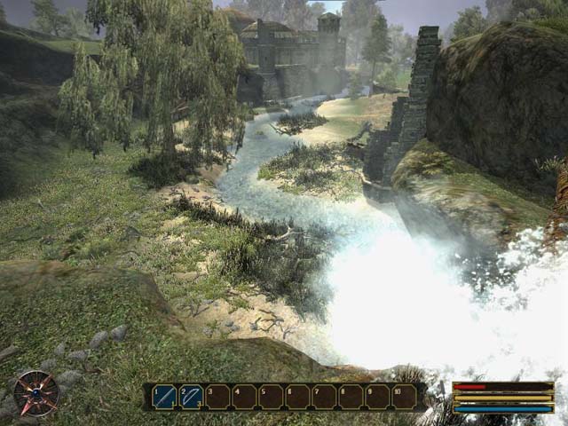 gothic 3 отвергнутые боги - красивый вид на крепость орков и часть водопада